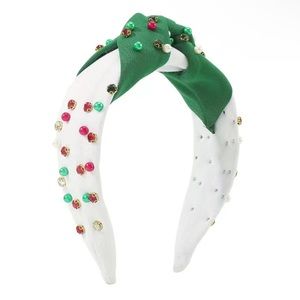 NWT Christmas Headband Knotted White & Green crystals/beads